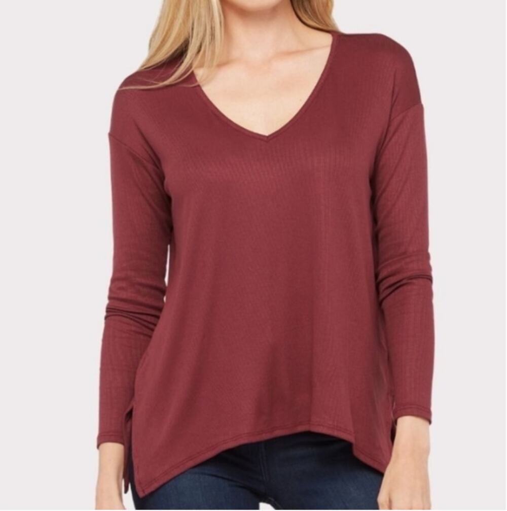 Michael Stars Evereve NWT V-Neck Maroon Ribbed Long Sleeve Blouse Tunic // XL